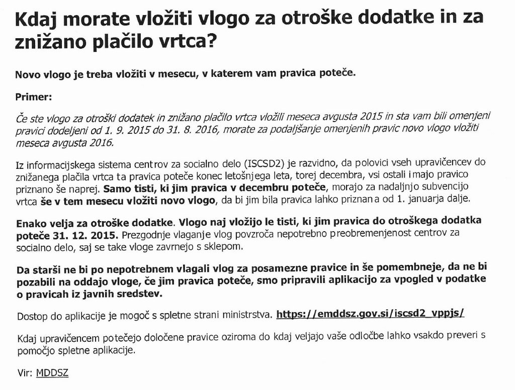 Vloga za otroške dodatke in znižano plačilo vrtca